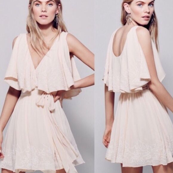 FREE PEOPLE | Sylvia Blush Beaded Mini Wrap Dress Tie Side NEW Women’s Size XS - Picture 1 of 10